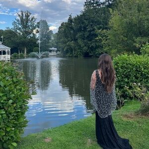Long tail evening gown with black beads. Betsy & Adam. size 10